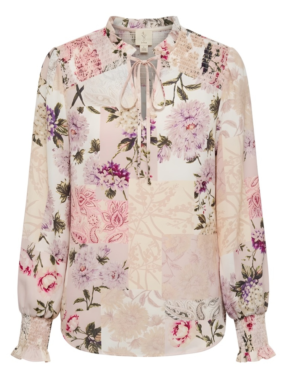 Joie Patchwork Floral Tie-Neck Blouse in Pastel Pink and Cream